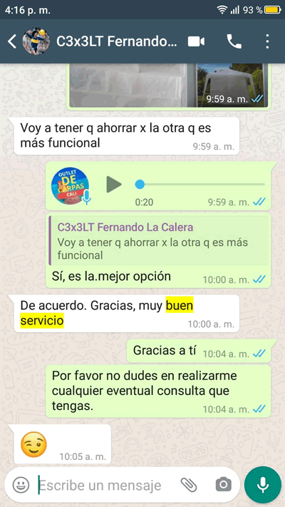 Comentario en Whatsapp sobre Carpas Cali de Fernando desde La Calera, Cundinamarca
